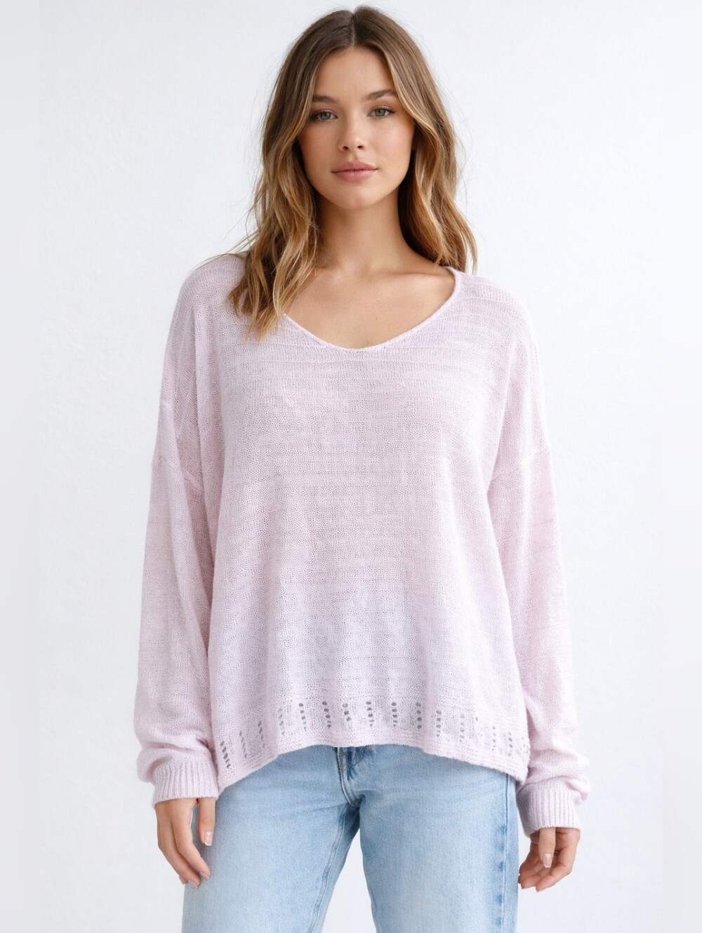 Tina Stephens Light Knit V‑Neck Sweater –  Light pink, Size 0/S Linen Bland